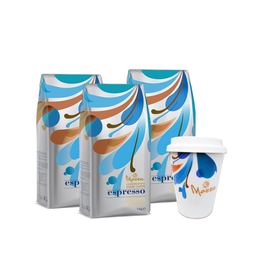Pachet 3 x Morra Espresso cafea boabe 1kg + CADOU Cană ceramică TO GO